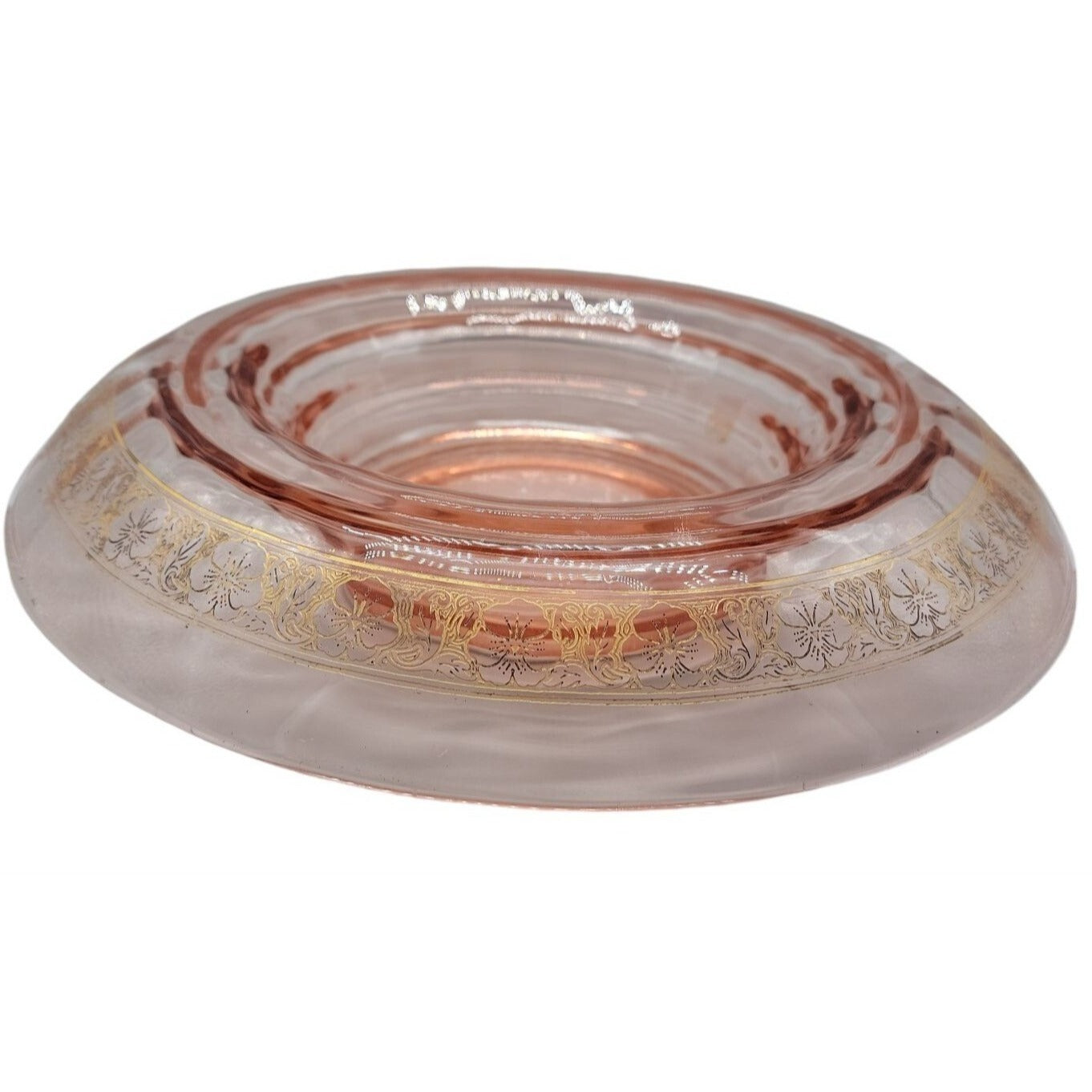 Vtg Pink Depression Glass Console Bowl 13" Rolled Edge Gold Floral Trim 1930s