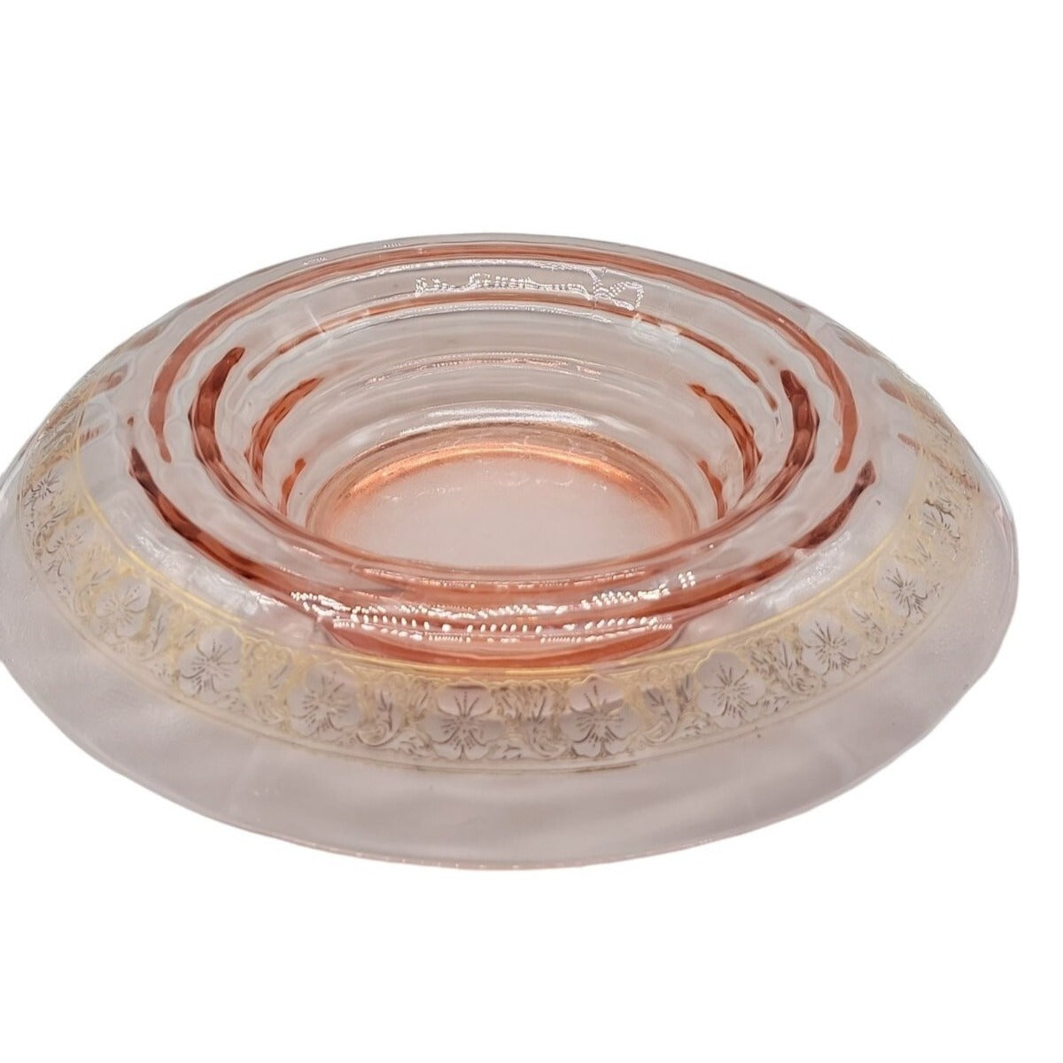 Vtg Pink Depression Glass Console Bowl 13" Rolled Edge Gold Floral Trim 1930s