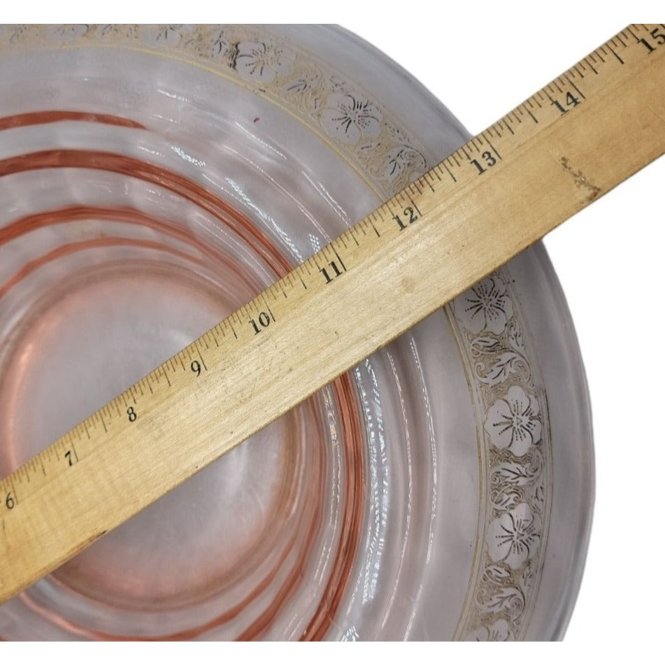 Vtg Pink Depression Glass Console Bowl 13" Rolled Edge Gold Floral Trim 1930s