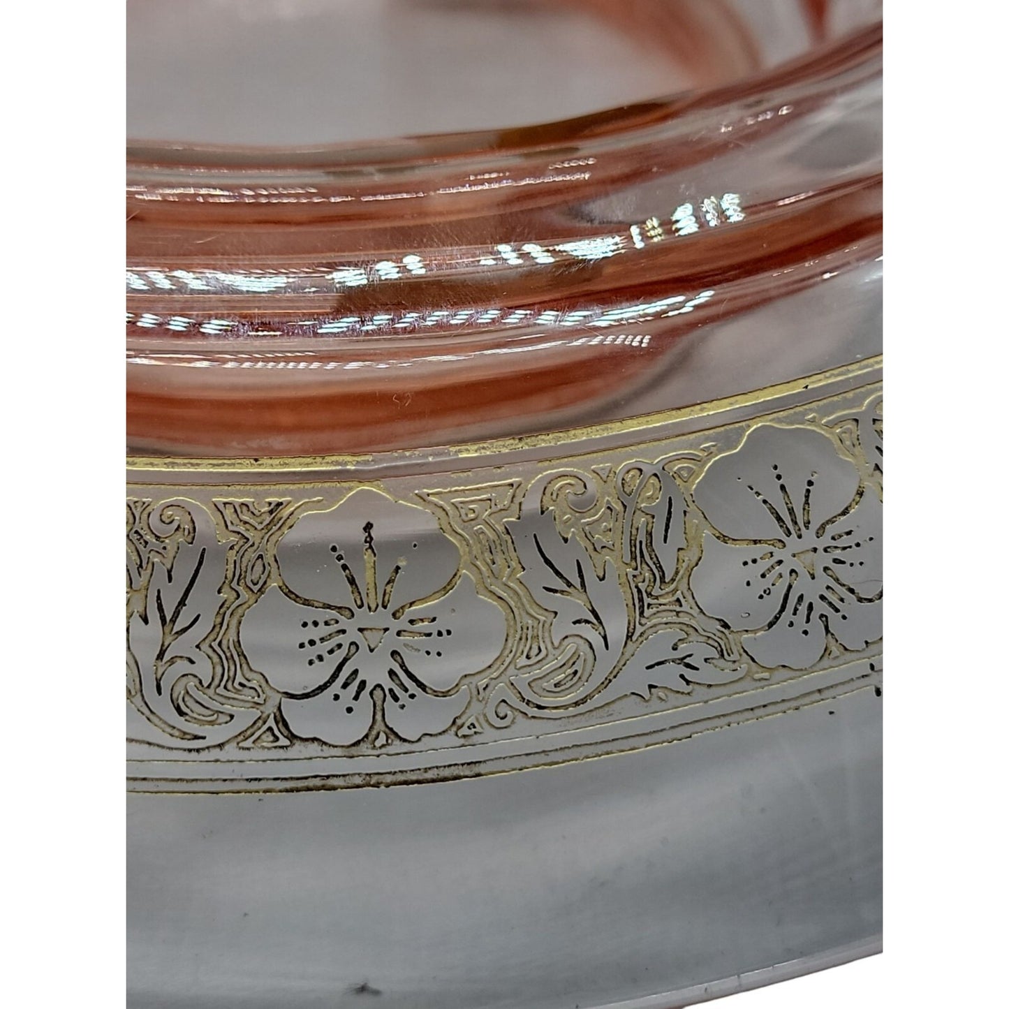 Vtg Pink Depression Glass Console Bowl 13" Rolled Edge Gold Floral Trim 1930s
