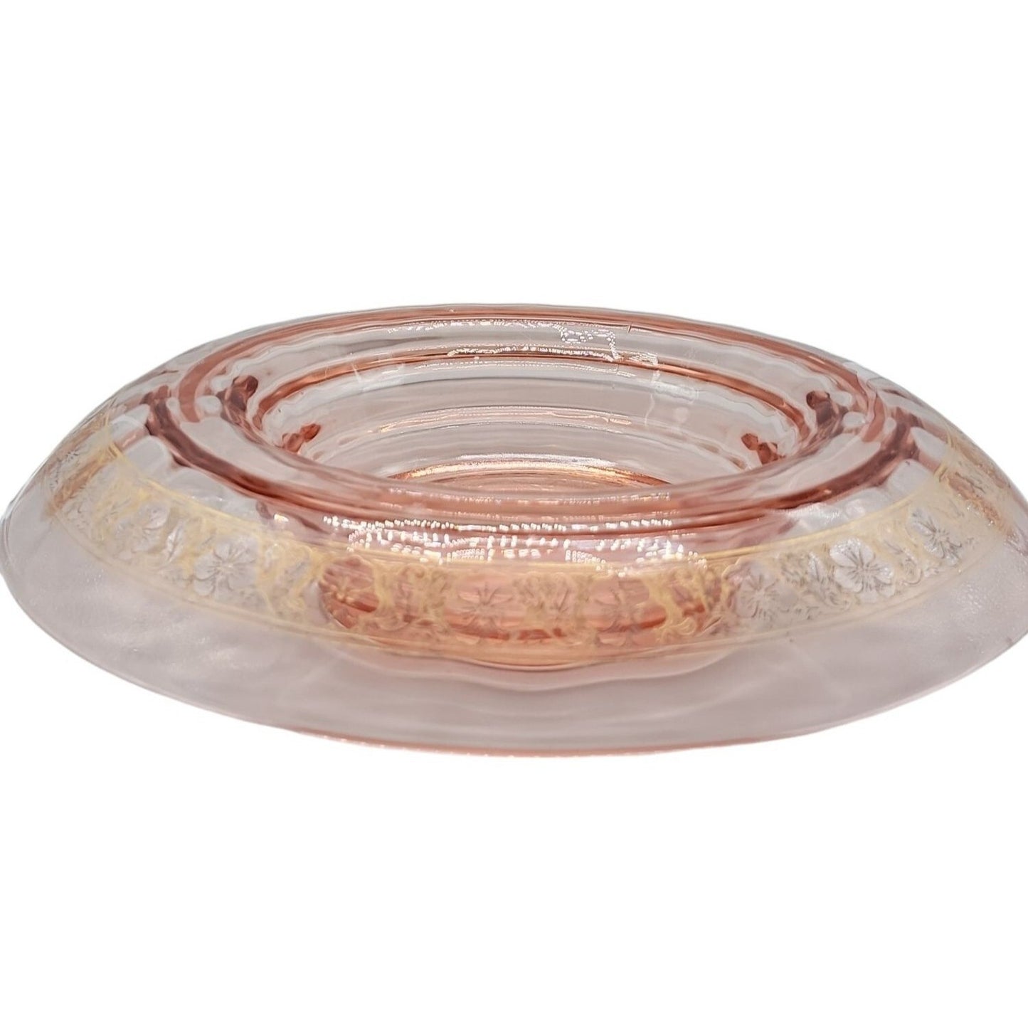 Vtg Pink Depression Glass Console Bowl 13" Rolled Edge Gold Floral Trim 1930s
