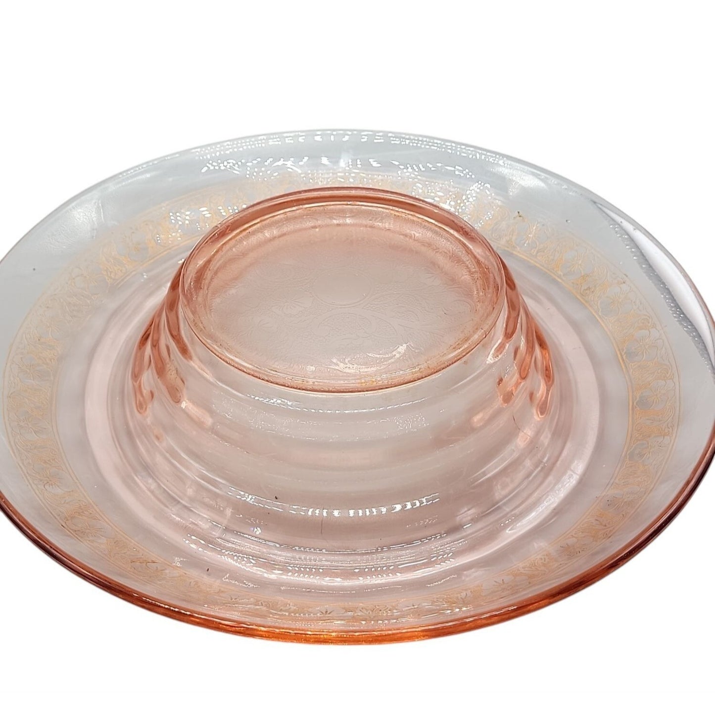 Vtg Pink Depression Glass Console Bowl 13" Rolled Edge Gold Floral Trim 1930s