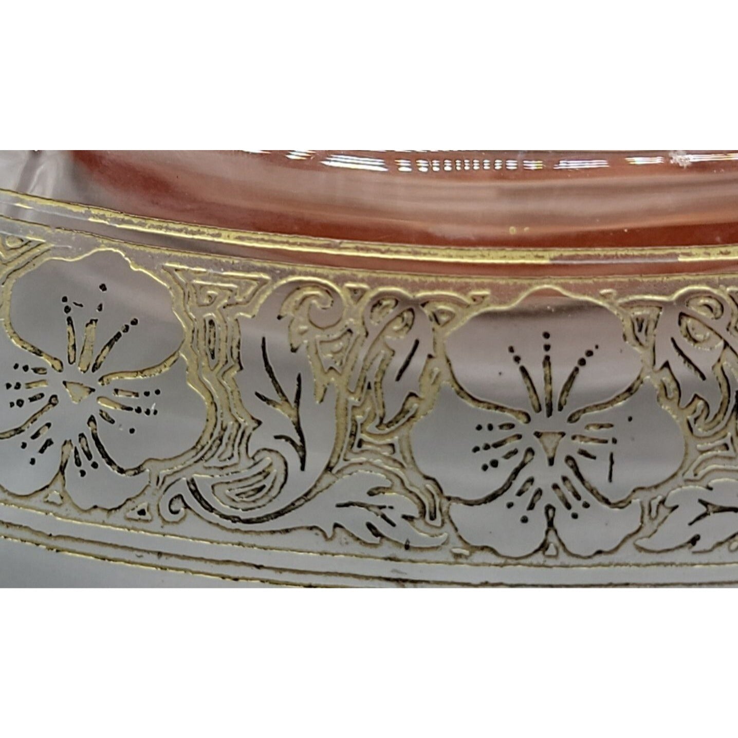 Vtg Pink Depression Glass Console Bowl 13" Rolled Edge Gold Floral Trim 1930s