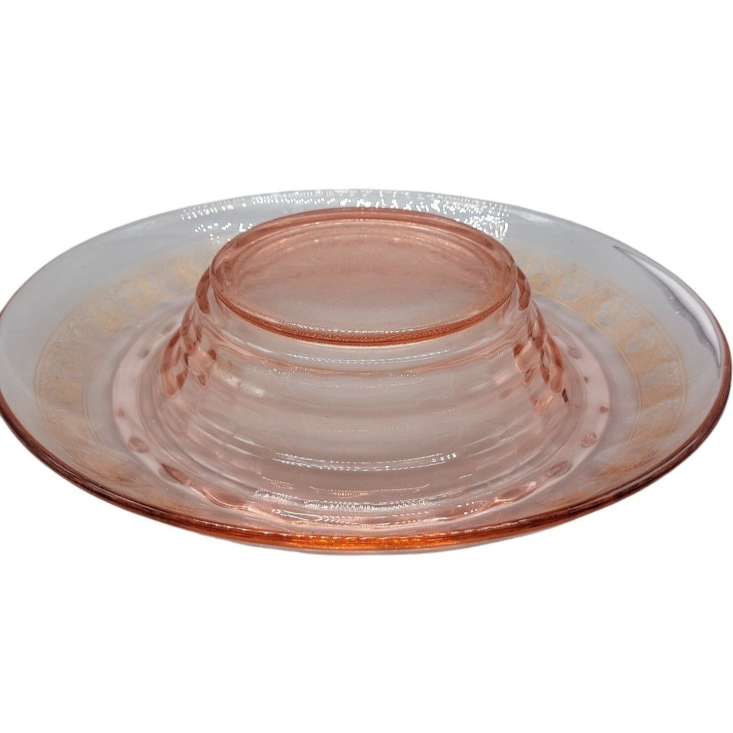 Vtg Pink Depression Glass Console Bowl 13" Rolled Edge Gold Floral Trim 1930s