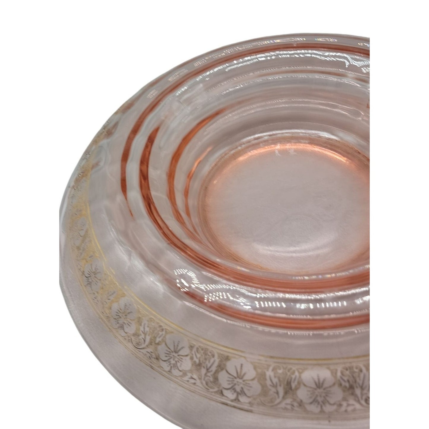 Vtg Pink Depression Glass Console Bowl 13" Rolled Edge Gold Floral Trim 1930s