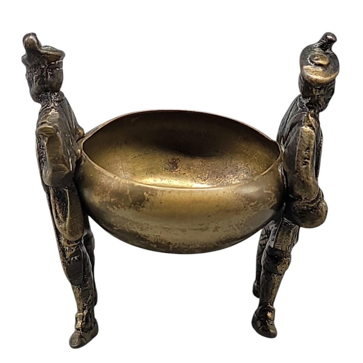 Antique Victorian Brass Figural Salt Cellar Cauldron Soldier Handles British