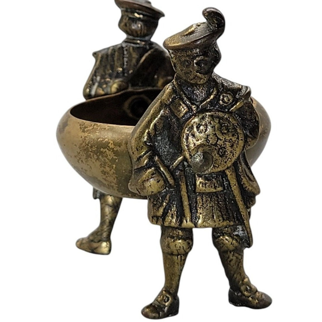 Antique Victorian Brass Figural Salt Cellar Cauldron Soldier Handles British