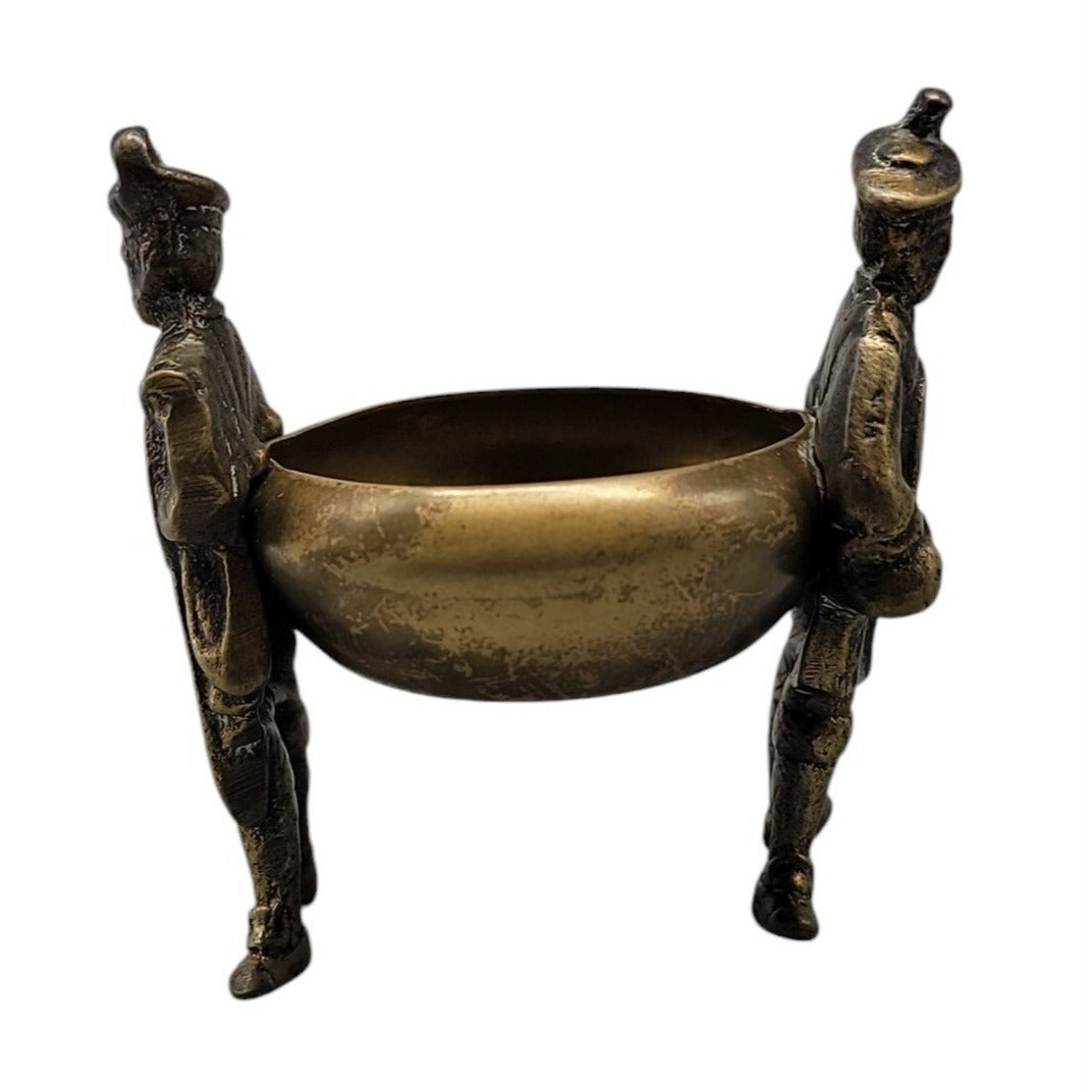 Antique Victorian Brass Figural Salt Cellar Cauldron Soldier Handles British