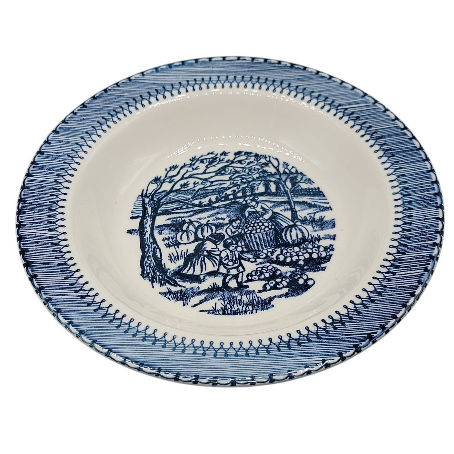 Country Life Blue Rimmed Soup Bowl 8 3/4" Currier & Ives Print Edwin Knowles