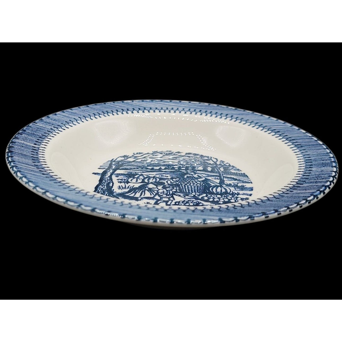 Country Life Blue Rimmed Soup Bowl 8 3/4" Currier & Ives Print Edwin Knowles