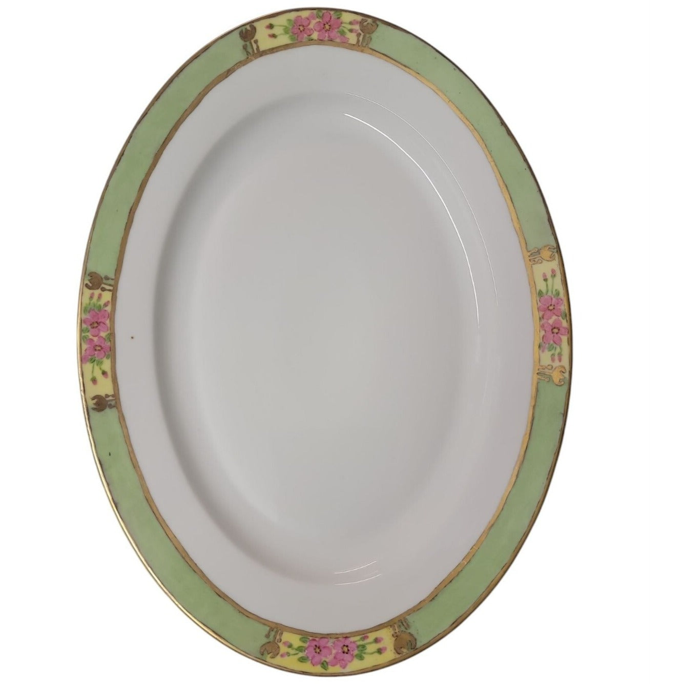 Antique ZS Co Bavaria Large Oval Platter Green Pink Floral Gold Trim 1880-1918