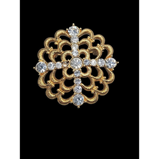 Vintage Monet Rhinestone Cross Brooch Pin Round Dome Textured Gold Tone