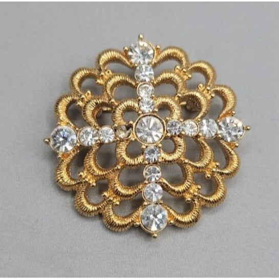 Vintage Monet Rhinestone Cross Brooch Pin Round Dome Textured Gold Tone