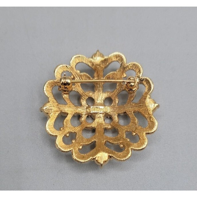 Vintage Monet Rhinestone Cross Brooch Pin Round Dome Textured Gold Tone