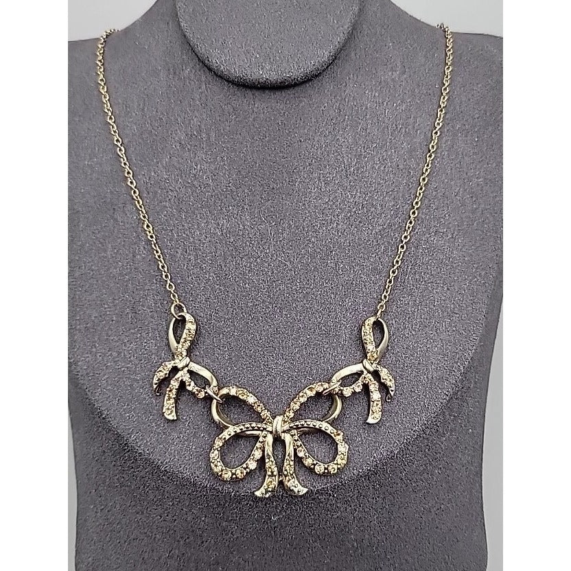 Vintage Roman Triple Bow Necklace Gold Tone Yellow Crystals 18" Chain Signed