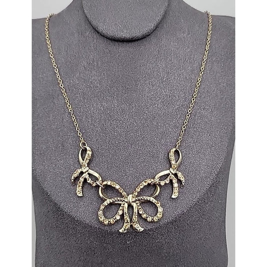 Vintage Roman Triple Bow Necklace Gold Tone Yellow Crystals 18" Chain Signed