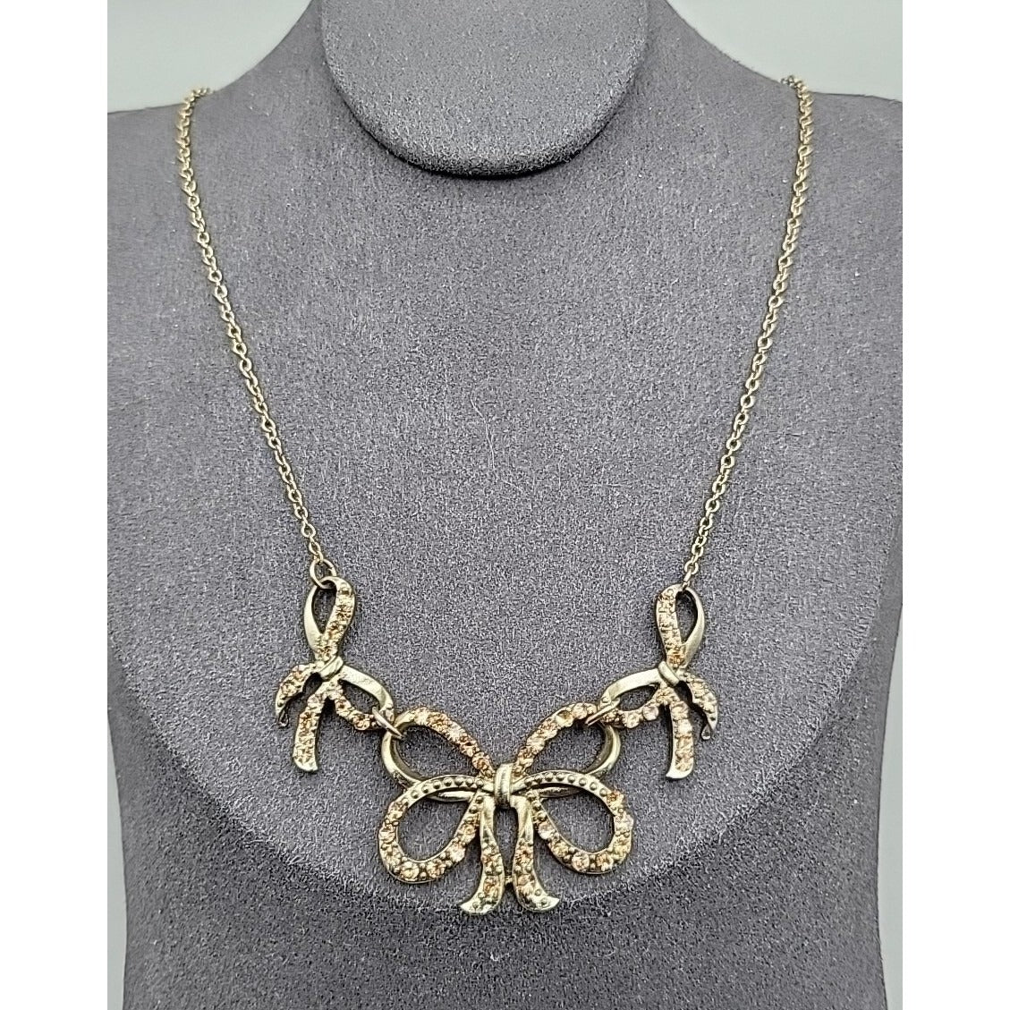 Vintage Roman Triple Bow Necklace Gold Tone Yellow Crystals 18" Chain Signed