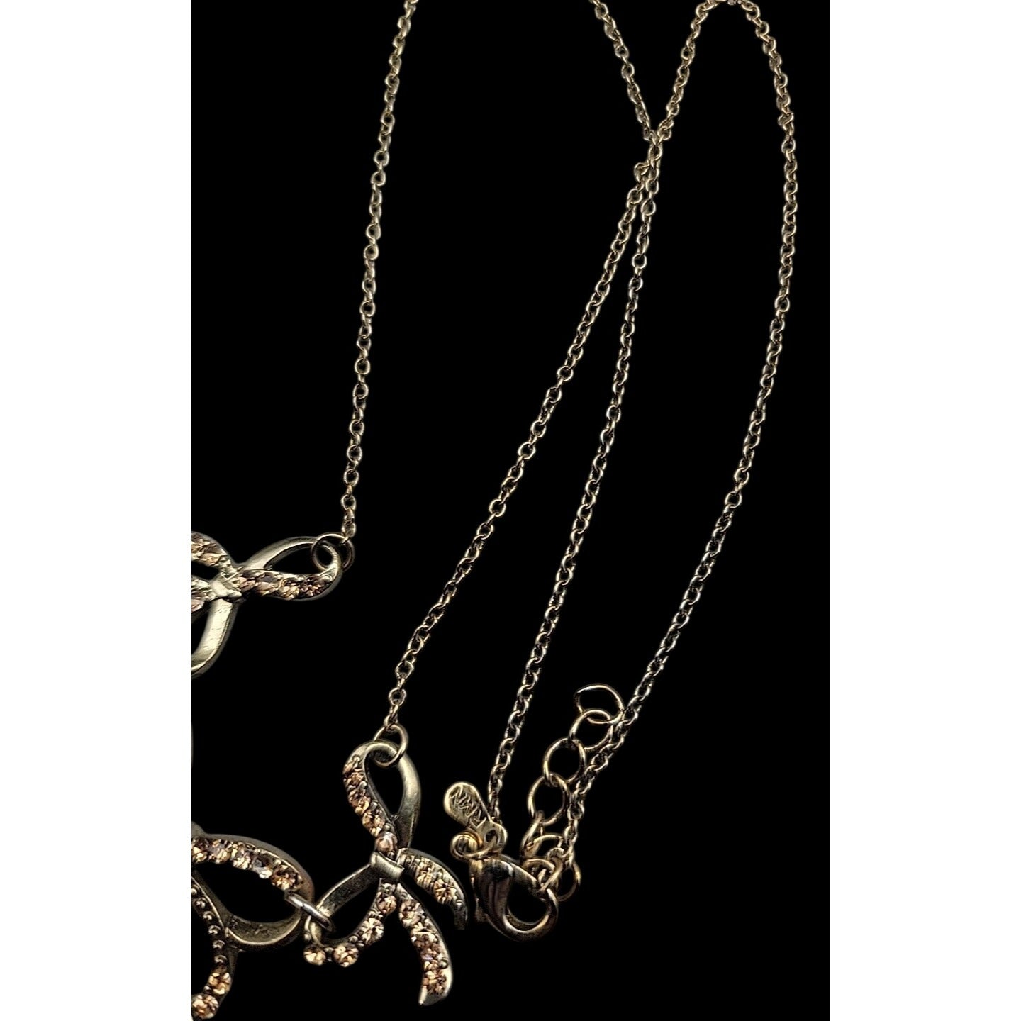 Vintage Roman Triple Bow Necklace Gold Tone Yellow Crystals 18" Chain Signed