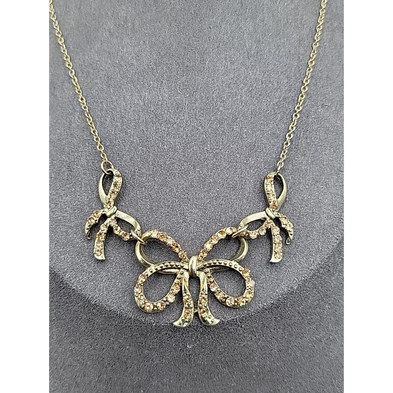 Vintage Roman Triple Bow Necklace Gold Tone Yellow Crystals 18" Chain Signed