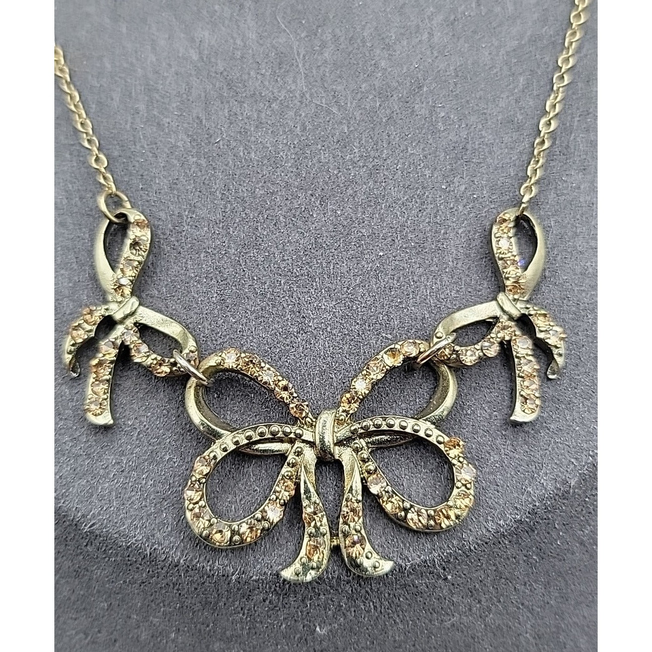 Vintage Roman Triple Bow Necklace Gold Tone Yellow Crystals 18" Chain Signed