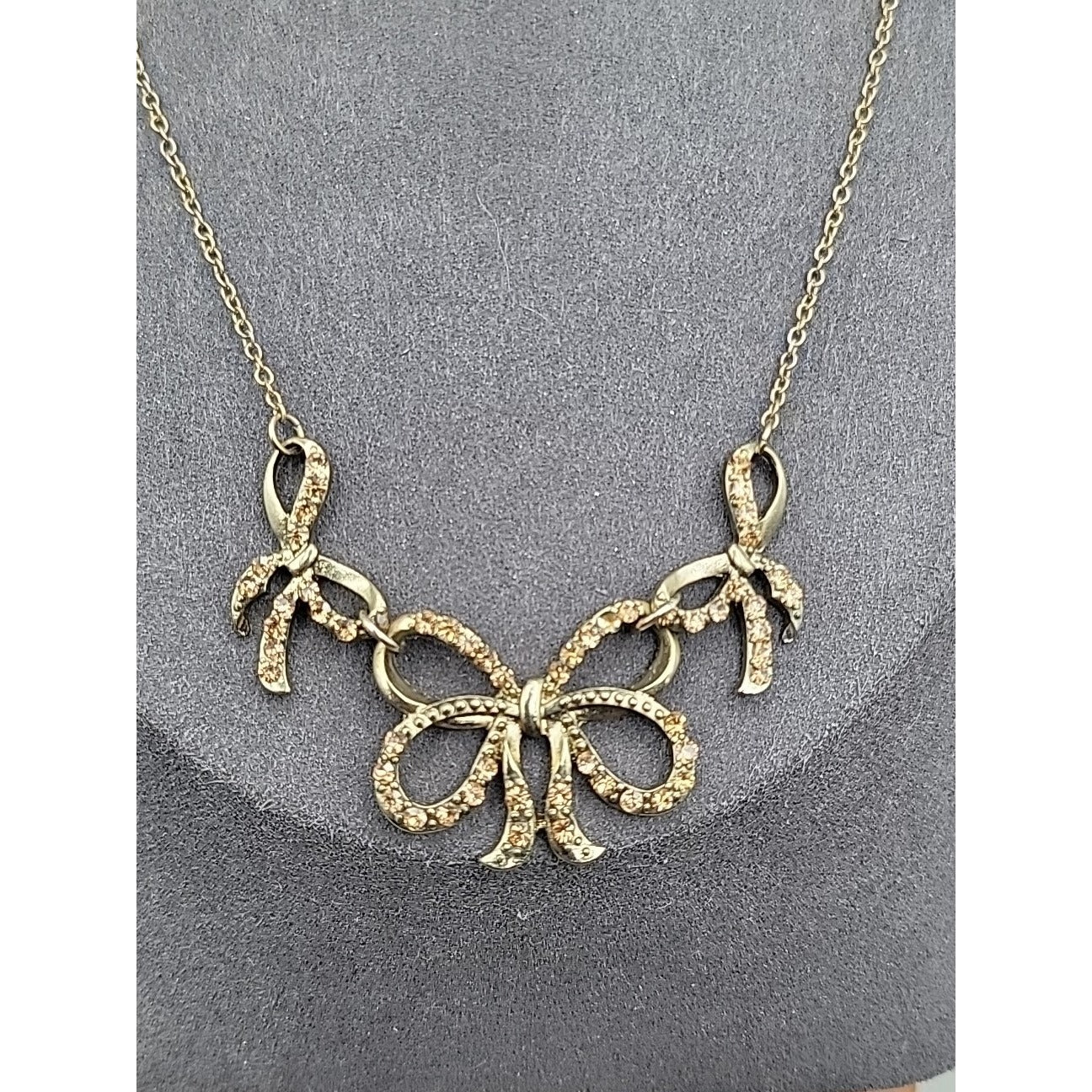 Vintage Roman Triple Bow Necklace Gold Tone Yellow Crystals 18" Chain Signed
