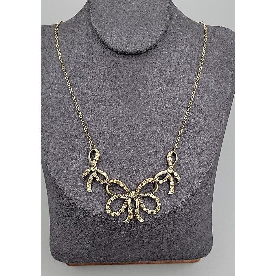 Vintage Roman Triple Bow Necklace Gold Tone Yellow Crystals 18" Chain Signed