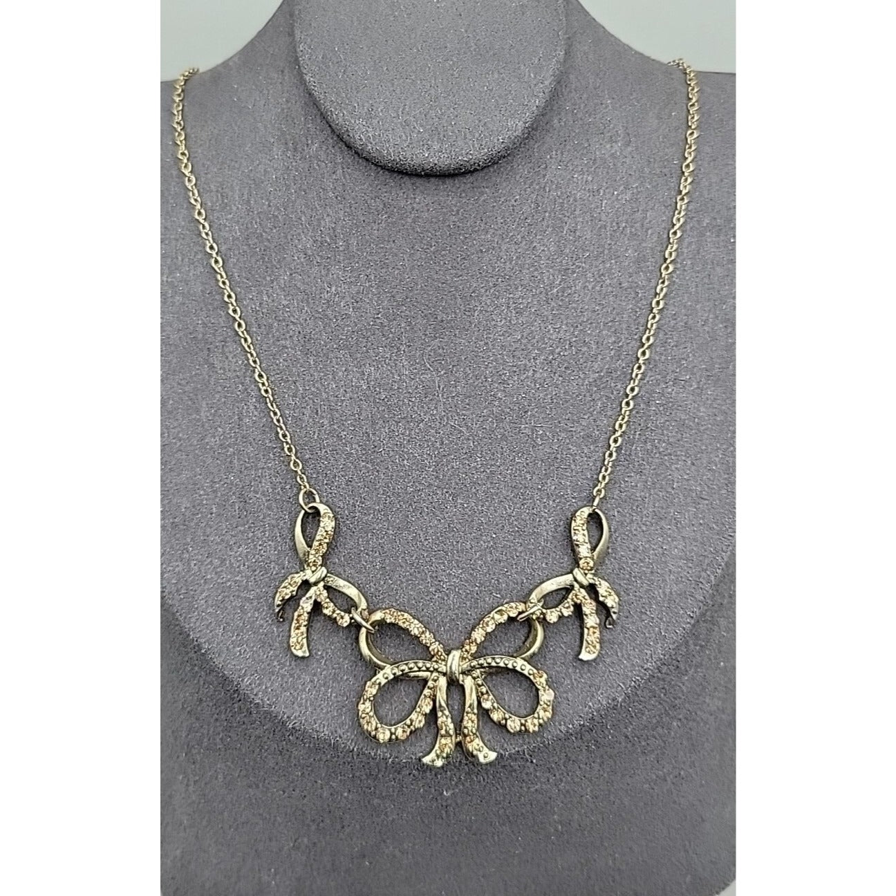 Vintage Roman Triple Bow Necklace Gold Tone Yellow Crystals 18" Chain Signed