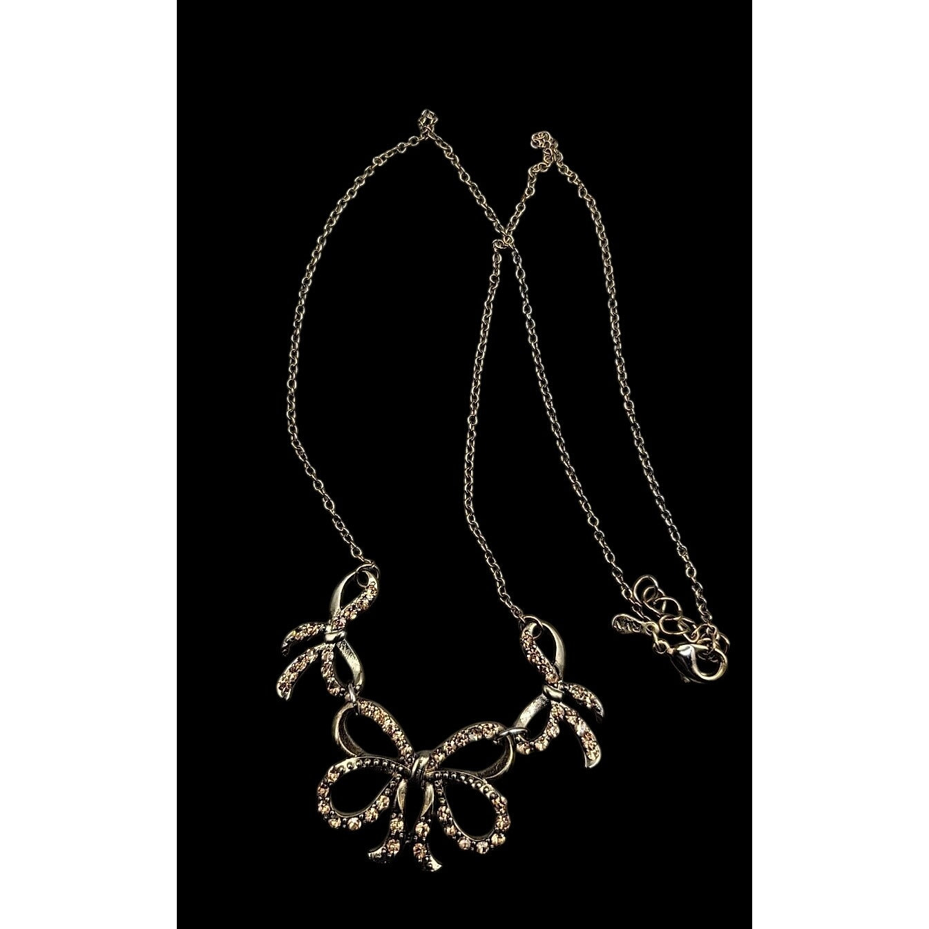 Vintage Roman Triple Bow Necklace Gold Tone Yellow Crystals 18" Chain Signed