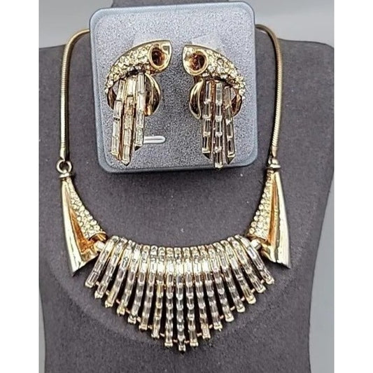 Corocraft Waterfall Crystal Necklace & Clip On Earrings Adolf Katz 16" 1958