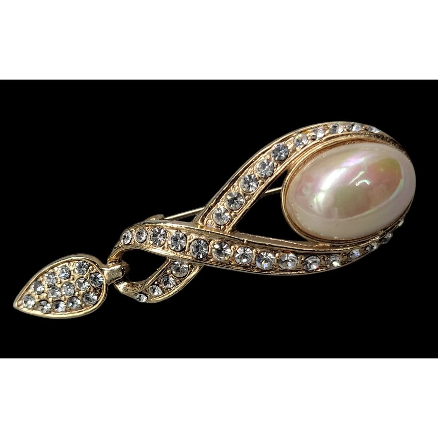 Designer High End Brooch Irridescent Glossy Faux Mabe Pearl Rhinestones Vintage