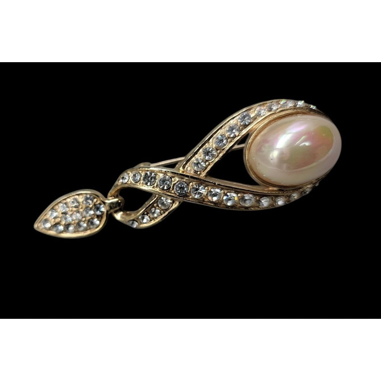 Designer High End Brooch Irridescent Glossy Faux Mabe Pearl Rhinestones Vintage