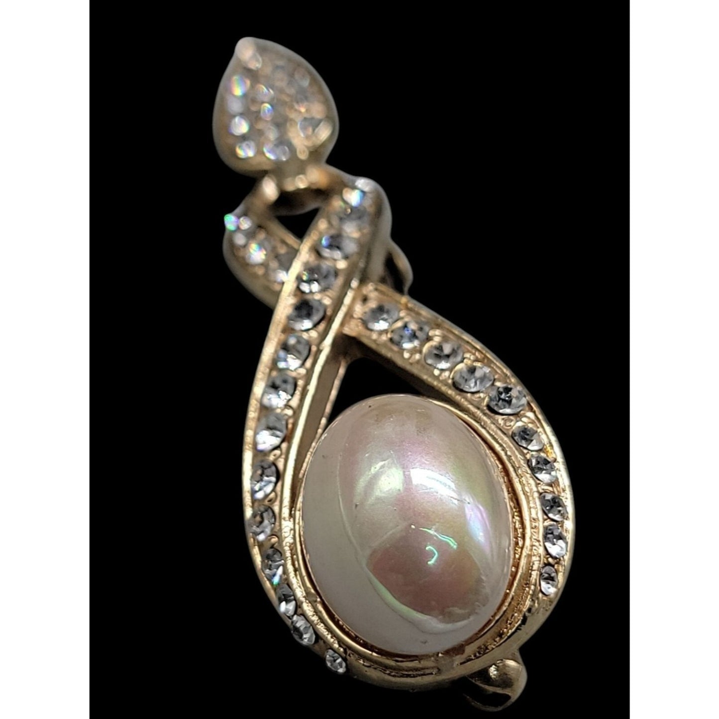 Designer High End Brooch Irridescent Glossy Faux Mabe Pearl Rhinestones Vintage