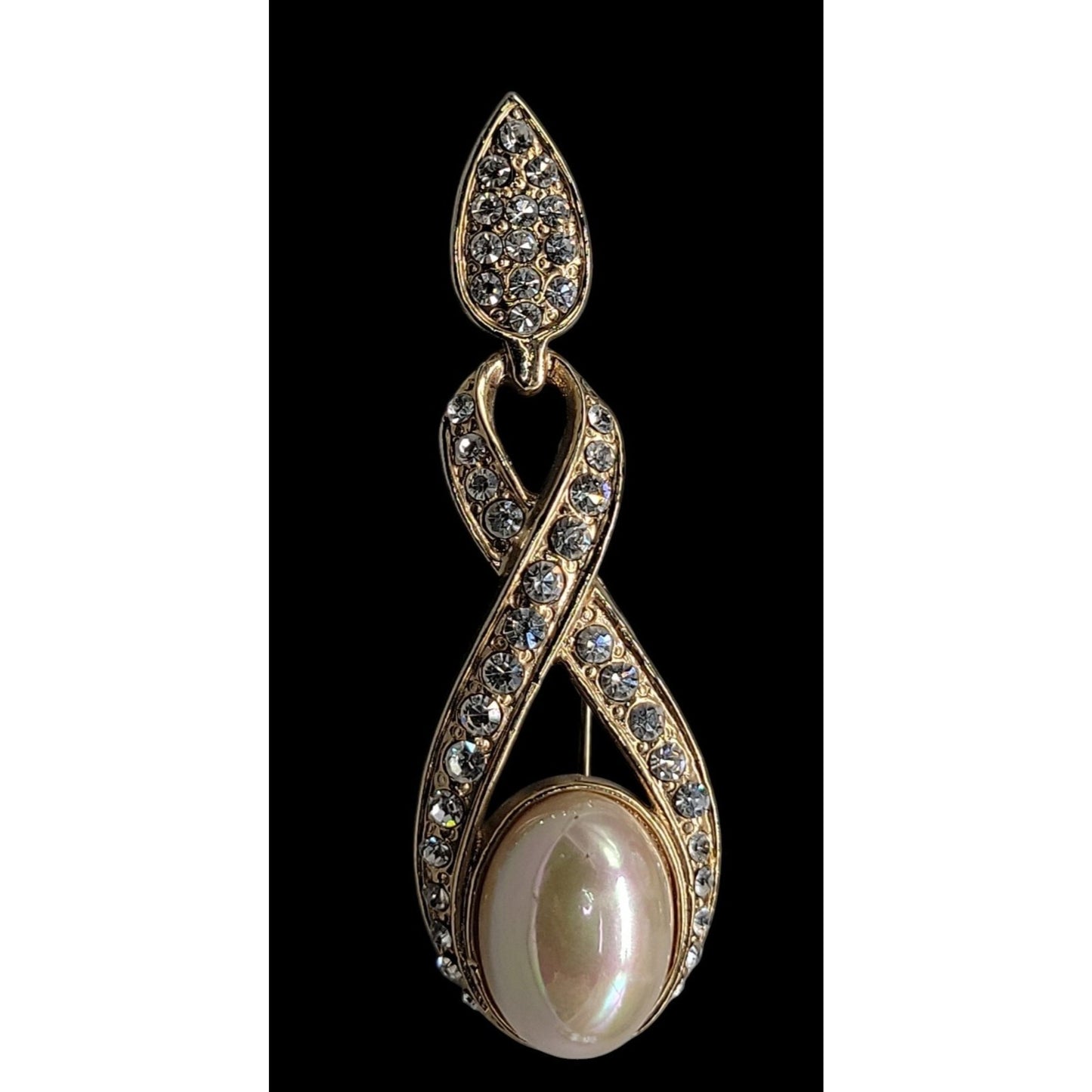 Designer High End Brooch Irridescent Glossy Faux Mabe Pearl Rhinestones Vintage