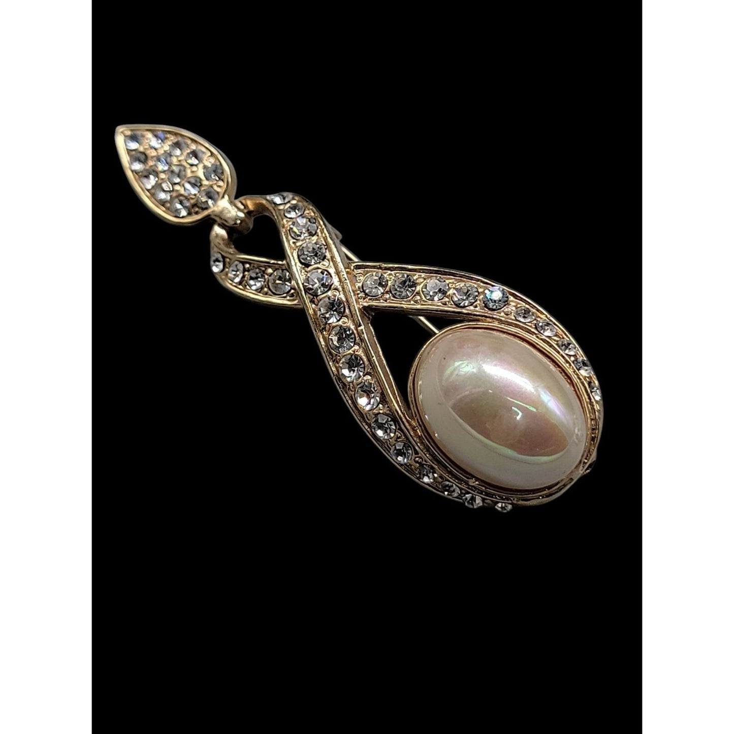 Designer High End Brooch Irridescent Glossy Faux Mabe Pearl Rhinestones Vintage