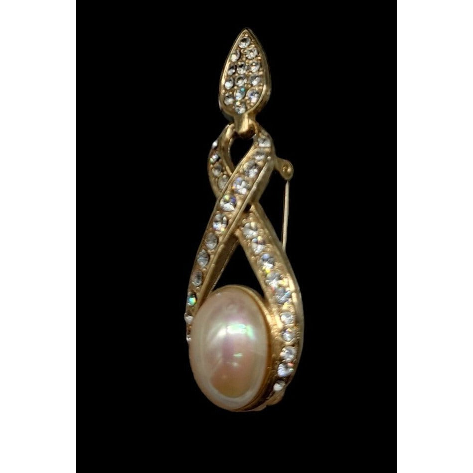 Designer High End Brooch Irridescent Glossy Faux Mabe Pearl Rhinestones Vintage