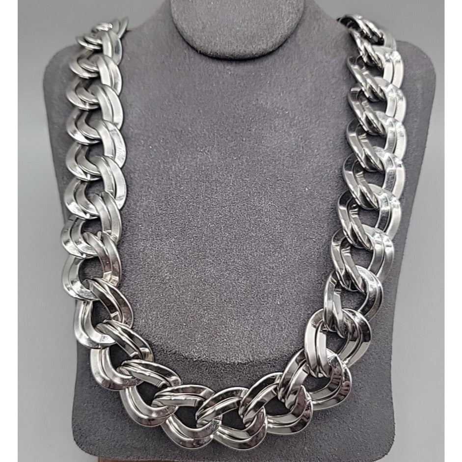 Signed Monet Double Link Curb Chain Necklace Silver Tone 19.5”-21” .77" Thick
