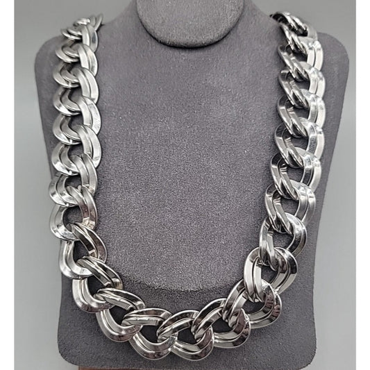 Signed Monet Double Link Curb Chain Necklace Silver Tone 19.5”-21” .77" Thick