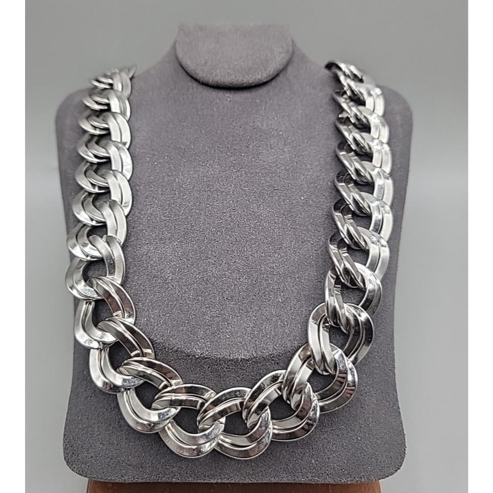 Signed Monet Double Link Curb Chain Necklace Silver Tone 19.5”-21” .77" Thick