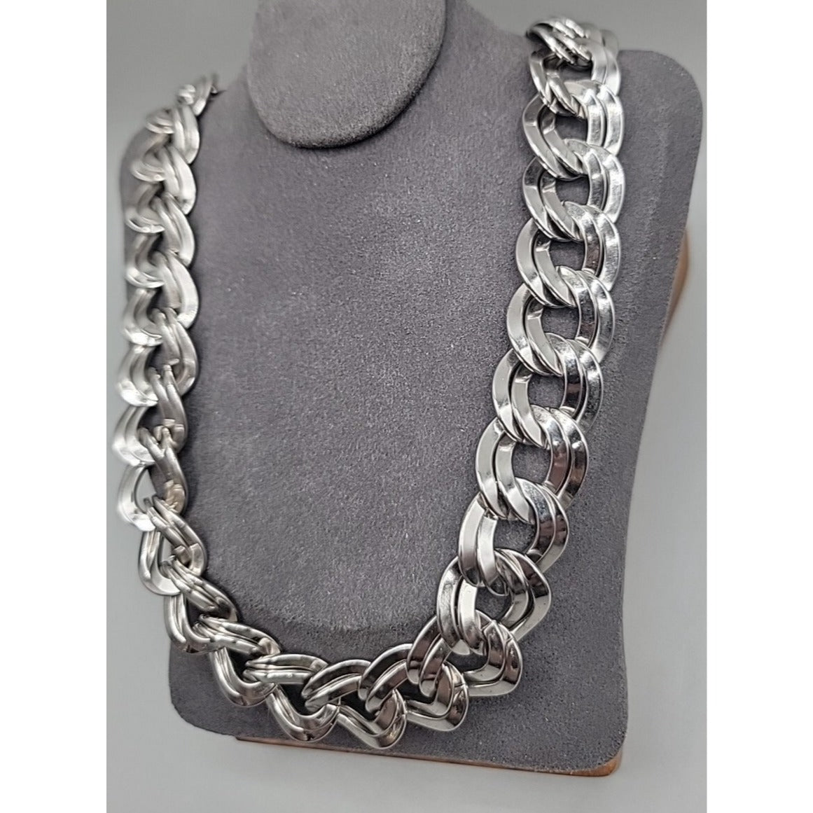 Signed Monet Double Link Curb Chain Necklace Silver Tone 19.5”-21” .77" Thick