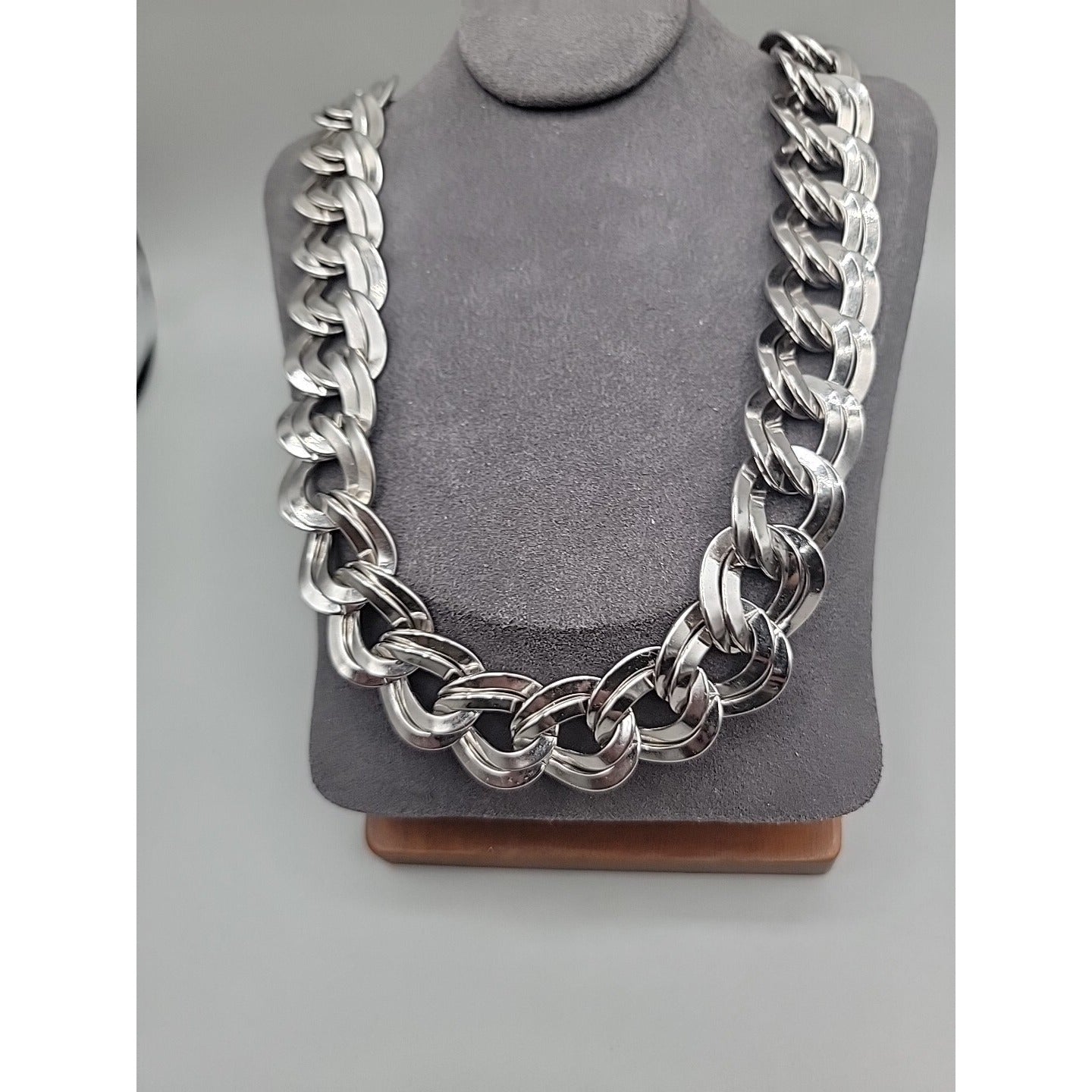 Signed Monet Double Link Curb Chain Necklace Silver Tone 19.5”-21” .77" Thick