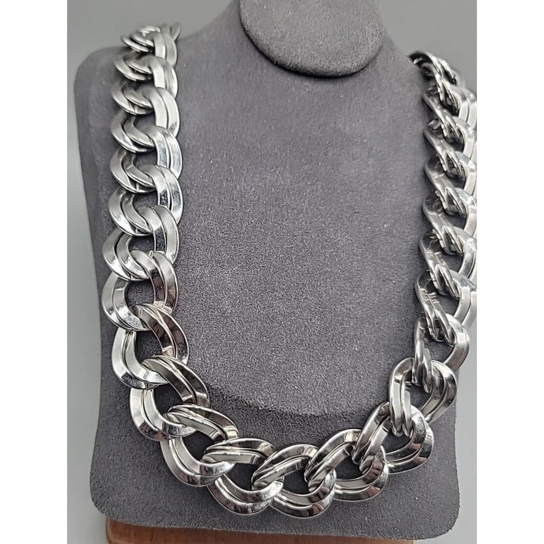 Signed Monet Double Link Curb Chain Necklace Silver Tone 19.5”-21” .77" Thick