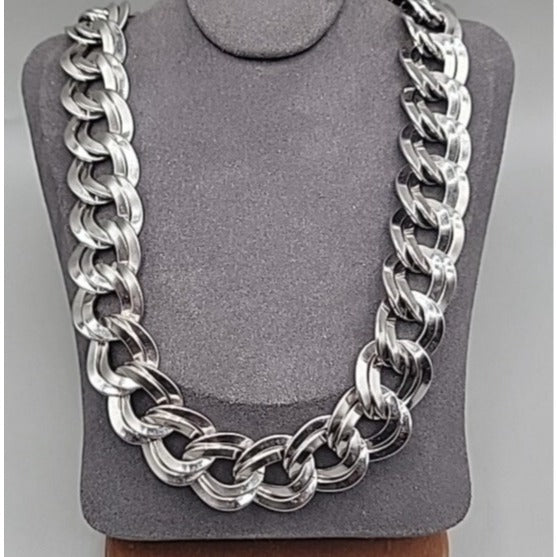 Signed Monet Double Link Curb Chain Necklace Silver Tone 19.5”-21” .77" Thick