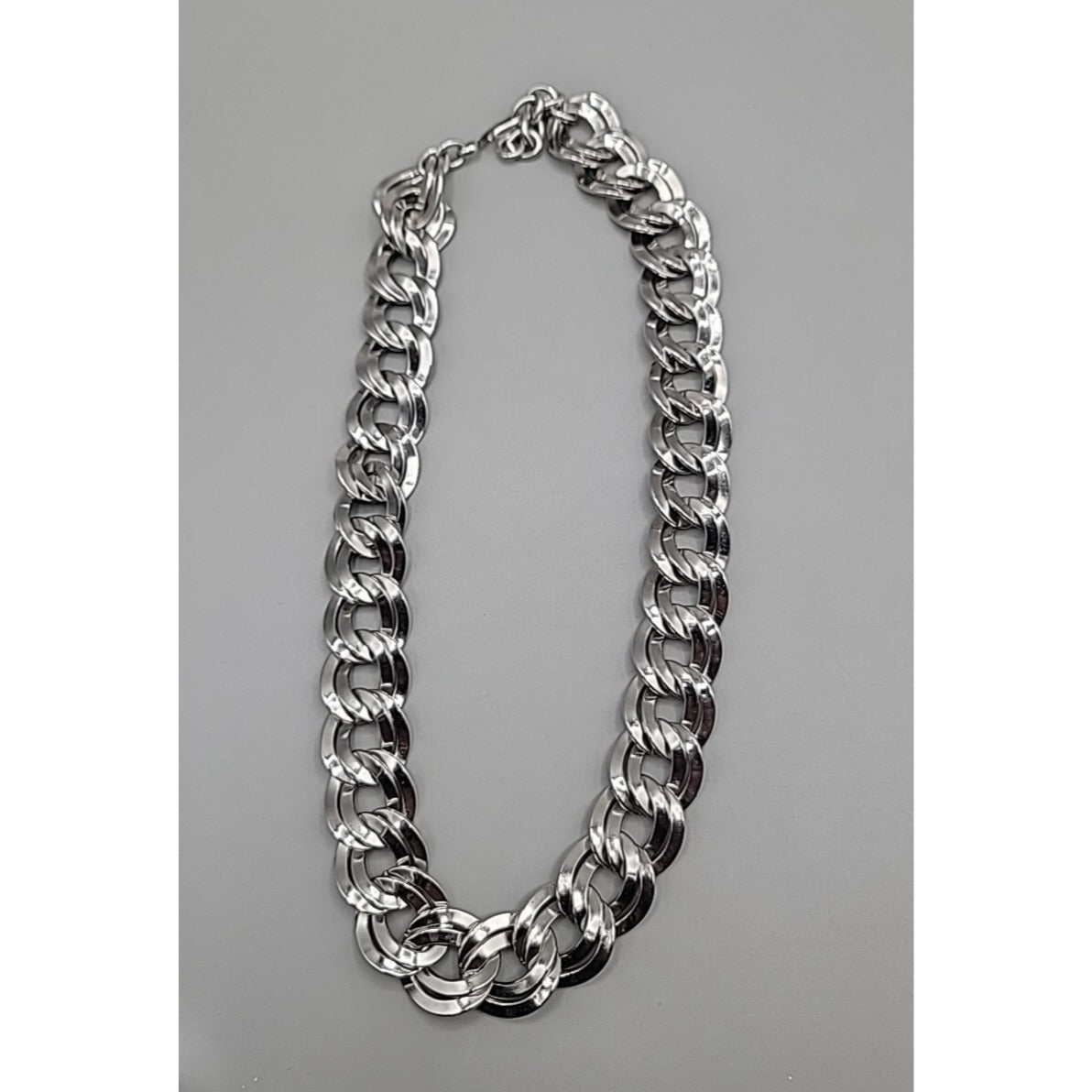 Signed Monet Double Link Curb Chain Necklace Silver Tone 19.5”-21” .77" Thick
