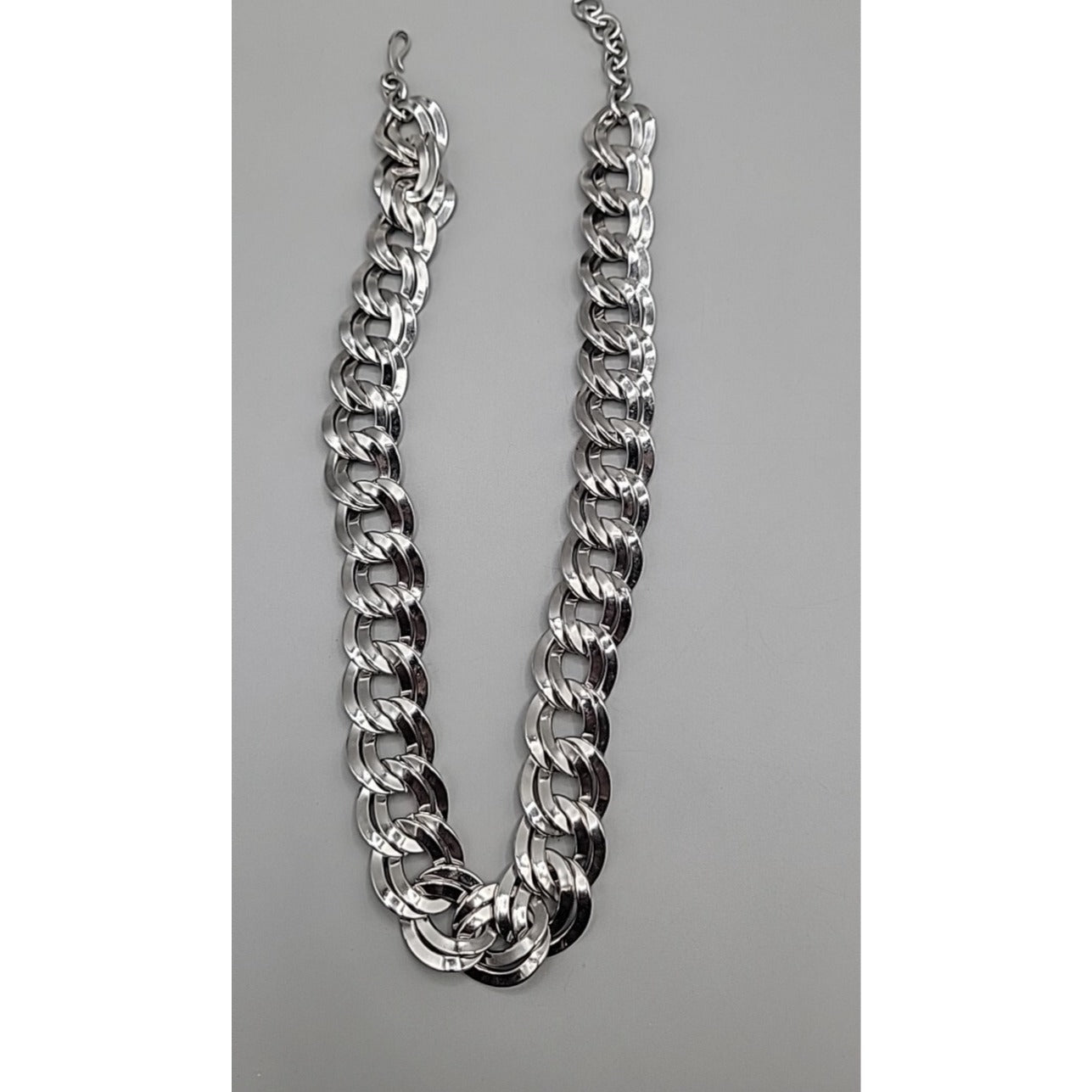 Signed Monet Double Link Curb Chain Necklace Silver Tone 19.5”-21” .77" Thick
