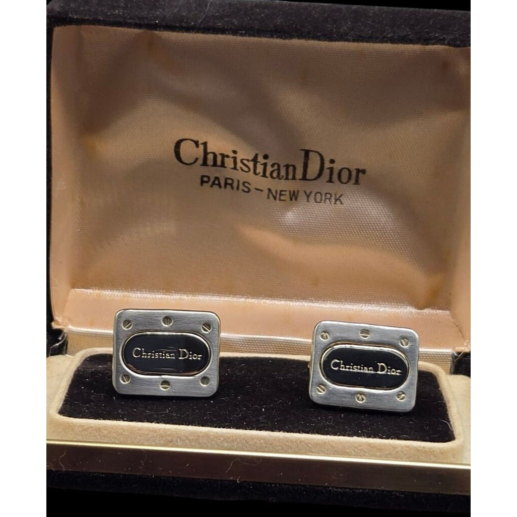 Vintage Christian Dior Cufflinks Two-Tone Gold Black Lacquer With Original Box