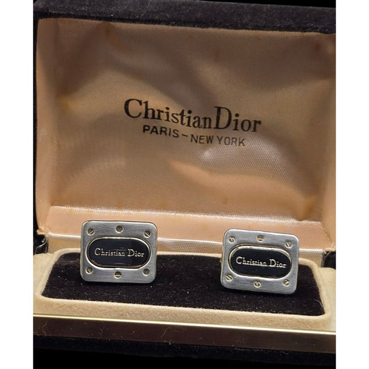 Vintage Christian Dior Cufflinks Two-Tone Gold Black Lacquer With Original Box