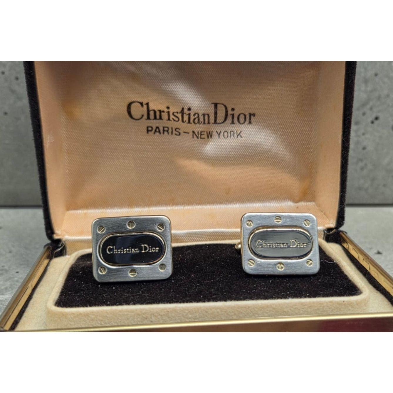 Vintage Christian Dior Cufflinks Two-Tone Gold Black Lacquer With Original Box