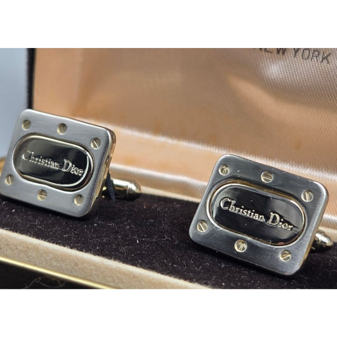 Vintage Christian Dior Cufflinks Two-Tone Gold Black Lacquer With Original Box