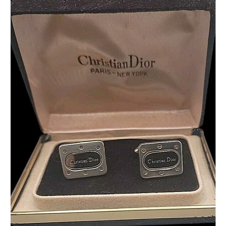 Vintage Christian Dior Cufflinks Two-Tone Gold Black Lacquer With Original Box