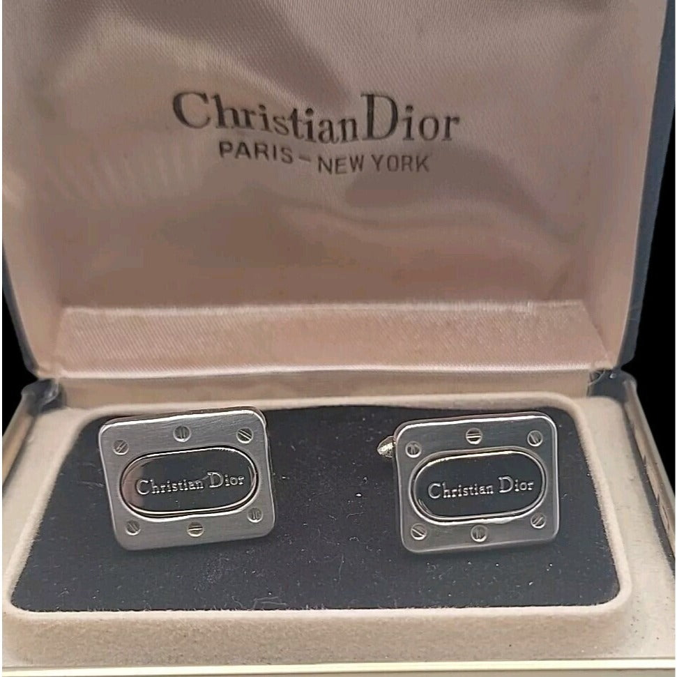 Vintage Christian Dior Cufflinks Two-Tone Gold Black Lacquer With Original Box